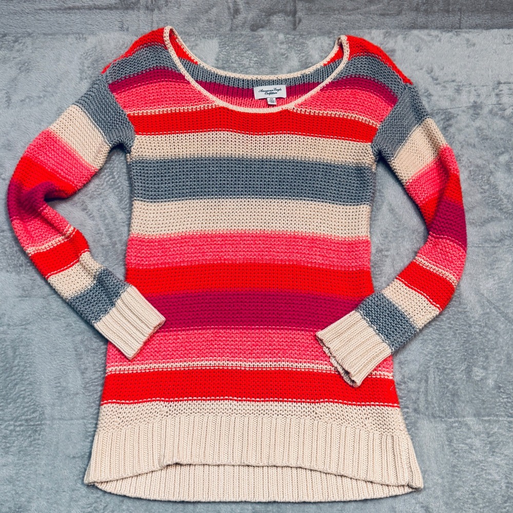American Eagle Outfitters Y2K Med Knit Colorblock Striped Long Sleeve Scoop Neck